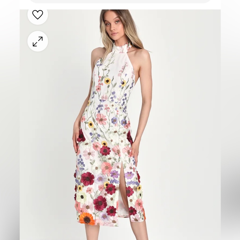 Lulu's White Halter Floral Midi Dress with Multicolor Embroidered Flowers